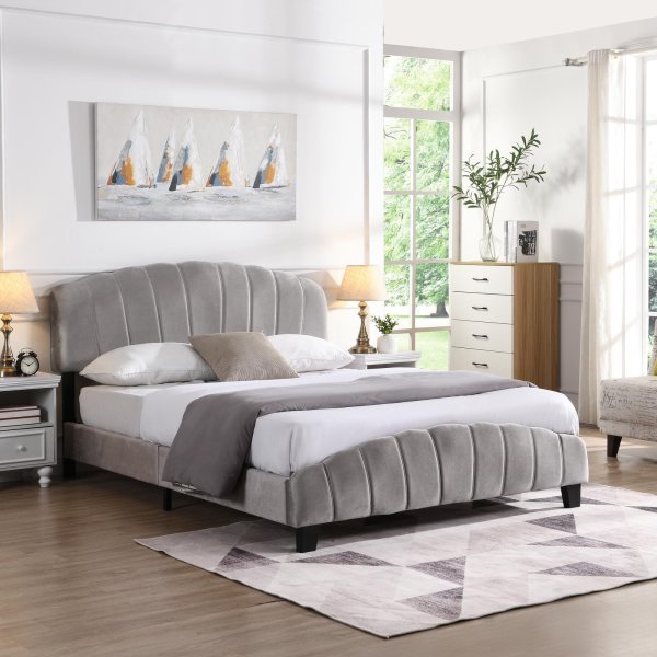 Queen Size Shell-Style Upholstered Platform Bed Frame (Grey)