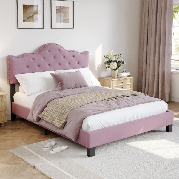 Full/Double Size Velvet Button-Tufted Bed Frame (Pink)