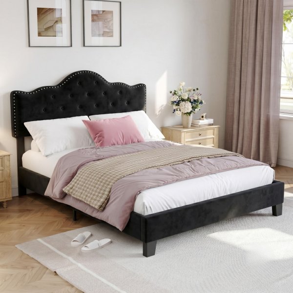 Queen Size Velvet Button-Tufted Bed Frame (Black)