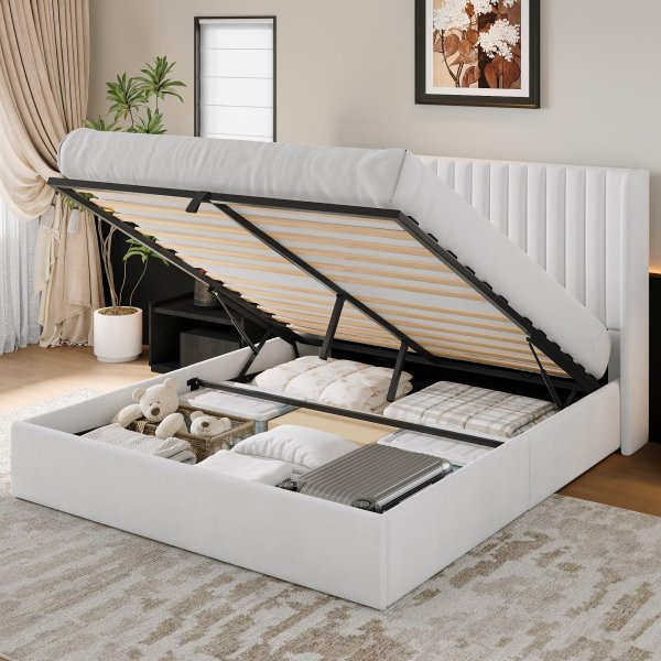 Velvet Upholstered Hydraulic Lift up Storage Bed Frame with Wingback Headboard -Full Size (White)
