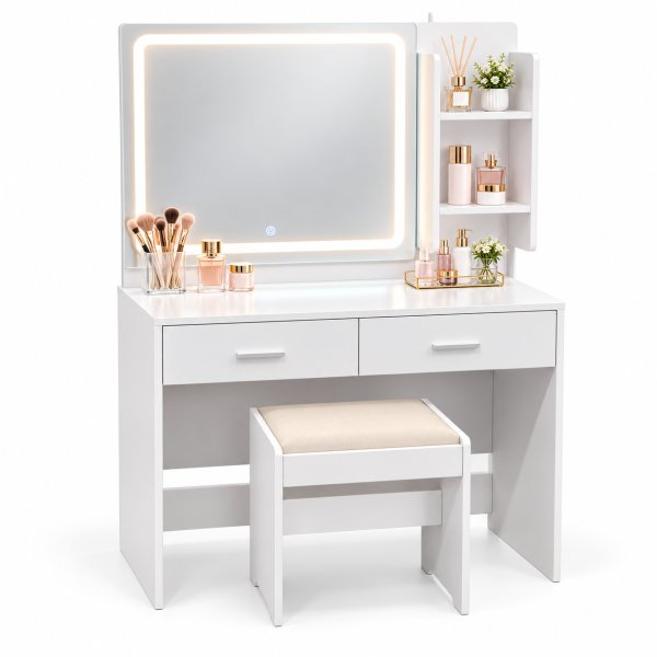 Vanity Table with LED Mirror 3 Open Shelves, 2 Drawers - Includes Padded Stool - 804SZT-B (White)