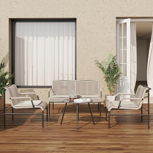 EAST OAK 4 Piece Patio Furniture Set, Outdoor Furniture with PE Wicker Rattan Chairs and Coffee Table, Apricot Color