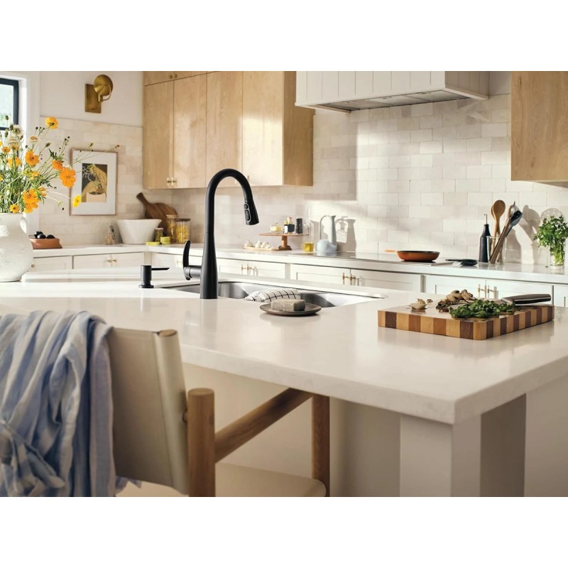 Moen Reyes Matte Black Pulldown Kitchen Faucet with Soap Dispenser and Power Boost, Transitional Kitchen Faucet, One-Handle High Arc, Easy Installation, 87932BL