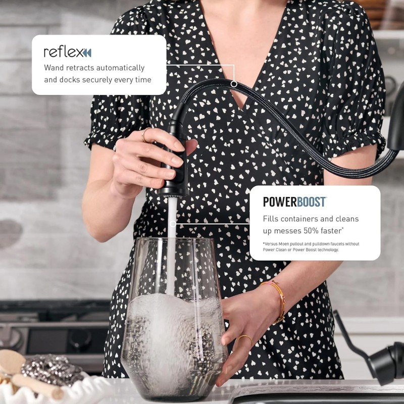 Moen Reyes Matte Black Pulldown Kitchen Faucet with Soap Dispenser and Power Boost, Transitional Kitchen Faucet, One-Handle High Arc, Easy Installation, 87932BL