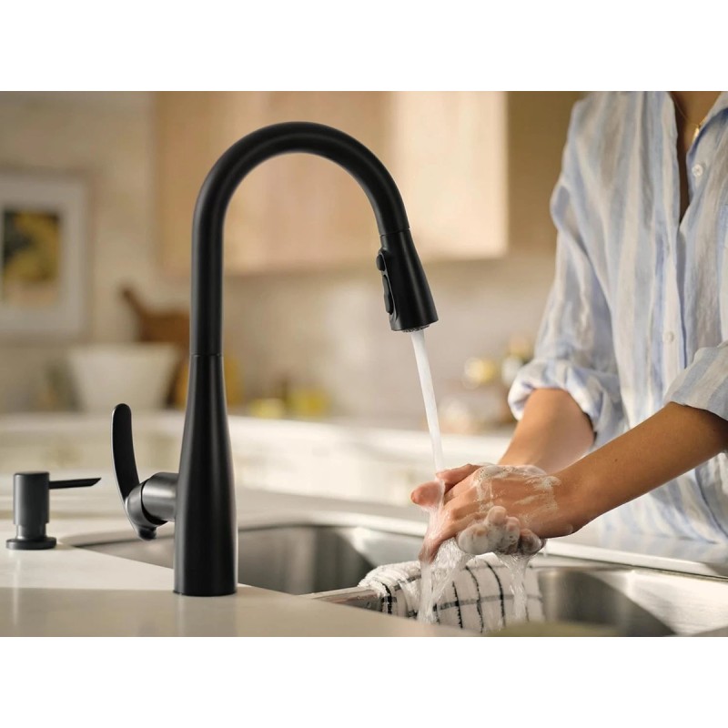 Moen Reyes Matte Black Pulldown Kitchen Faucet with Soap Dispenser and Power Boost, Transitional Kitchen Faucet, One-Handle High Arc, Easy Installation, 87932BL