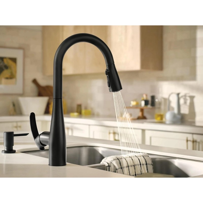 Moen Reyes Matte Black Pulldown Kitchen Faucet with Soap Dispenser and Power Boost, Transitional Kitchen Faucet, One-Handle High Arc, Easy Installation, 87932BL