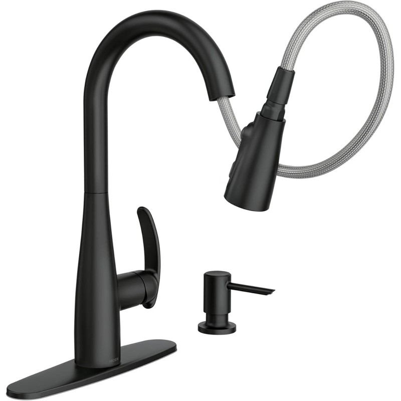 Moen Reyes Matte Black Pulldown Kitchen Faucet with Soap Dispenser and Power Boost, Transitional Kitchen Faucet, One-Handle High Arc, Easy Installation, 87932BL