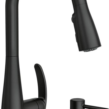 Moen Reyes Matte Black Pulldown Kitchen Faucet with Soap Dispenser and Power Boost, Transitional Kitchen Faucet, One-Handle High Arc, Easy Installation, 87932BL