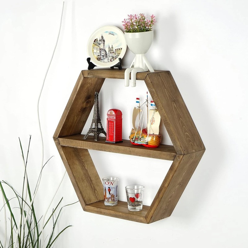 Hexagon Wall Shelves – Handmade Wood Floating Storage Farmhouse Wall Decor