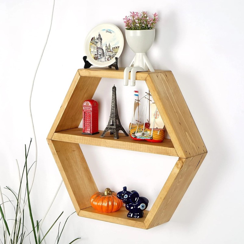 Hexagon Wall Shelves – Handmade Wood Floating Storage Farmhouse Wall Decor