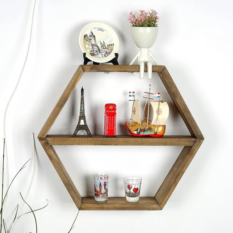 Hexagon Wall Shelves – Handmade Wood Floating Storage Farmhouse Wall Decor