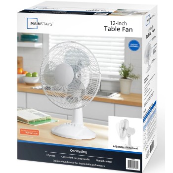 Mainstays 12" 3-Speed Oscillating Table Fan, FT30-8MBW, New, White