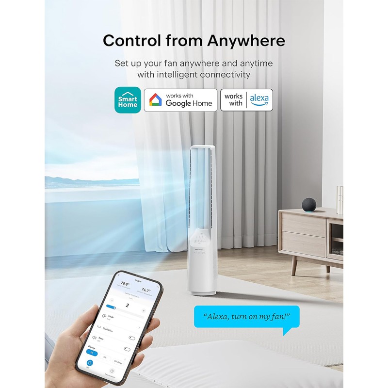 Pelonis Bladeless Tower Fan with 26-33ft Powerful Airflow, Alexa and Google Compatible, 6-Speed Settings, Quiet DC Motor, 120° Oscillation, 7-Hour Timer - Ideal for for Bedroom Home Office Use,White