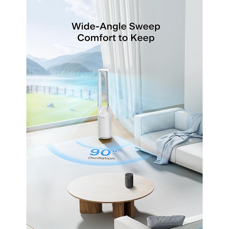 Pelonis Bladeless Tower Fan with 26-33ft Powerful Airflow, Alexa and Google Compatible, 6-Speed Settings, Quiet DC Motor, 120° Oscillation, 7-Hour Timer - Ideal for for Bedroom Home Office Use,White