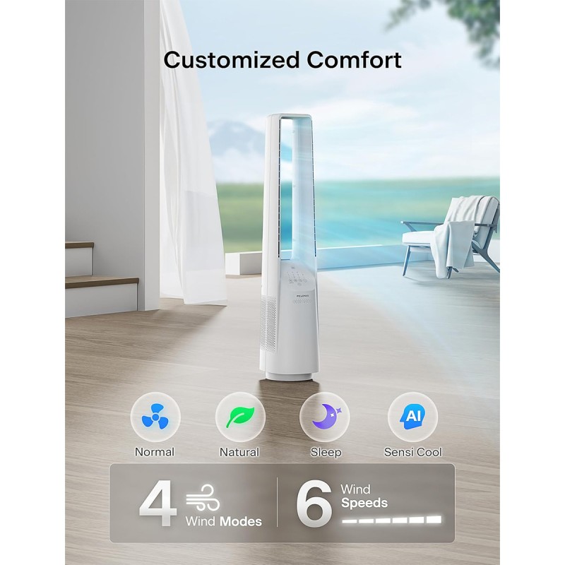 Pelonis Bladeless Tower Fan with 26-33ft Powerful Airflow, Alexa and Google Compatible, 6-Speed Settings, Quiet DC Motor, 120° Oscillation, 7-Hour Timer - Ideal for for Bedroom Home Office Use,White