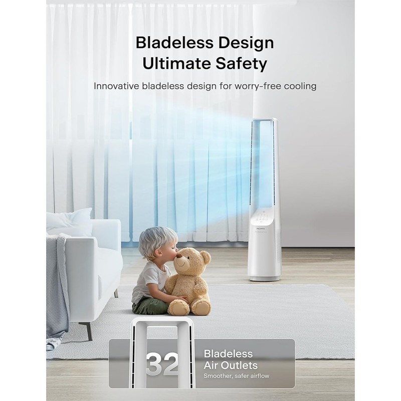 Pelonis Bladeless Tower Fan with 26-33ft Powerful Airflow, Alexa and Google Compatible, 6-Speed Settings, Quiet DC Motor, 120° Oscillation, 7-Hour Timer - Ideal for for Bedroom Home Office Use,White