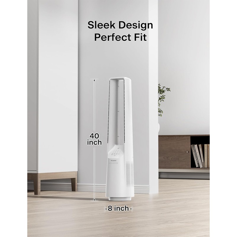 Pelonis Bladeless Tower Fan with 26-33ft Powerful Airflow, Alexa and Google Compatible, 6-Speed Settings, Quiet DC Motor, 120° Oscillation, 7-Hour Timer - Ideal for for Bedroom Home Office Use,White