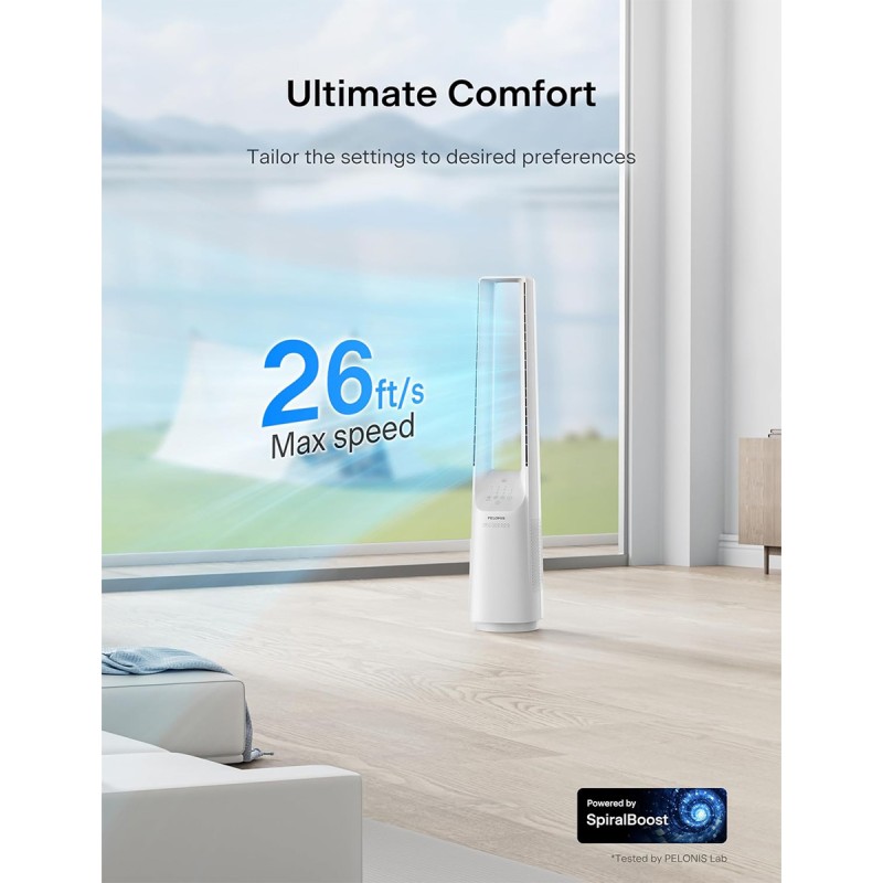 Pelonis Bladeless Tower Fan with 26-33ft Powerful Airflow, Alexa and Google Compatible, 6-Speed Settings, Quiet DC Motor, 120° Oscillation, 7-Hour Timer - Ideal for for Bedroom Home Office Use,White