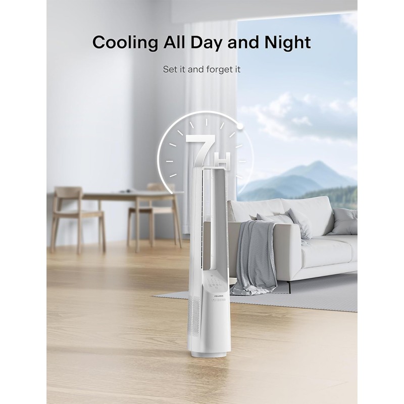 Pelonis Bladeless Tower Fan with 26-33ft Powerful Airflow, Alexa and Google Compatible, 6-Speed Settings, Quiet DC Motor, 120° Oscillation, 7-Hour Timer - Ideal for for Bedroom Home Office Use,White