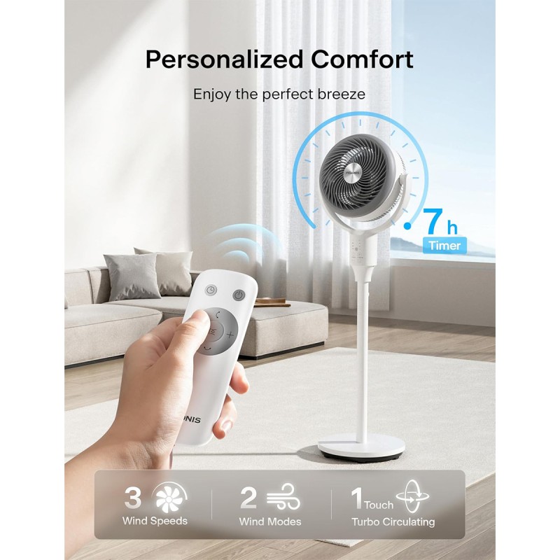 Pelonis Pedestal Fan, Air Circulator, Ultra OmniFlow (135°+90°Auto Oscillation), Quiet Floor Fan with 3 Speeds, Remote, 7H Timer, Memory Function, Adjustable Height, Standing Fan for Bedroom
