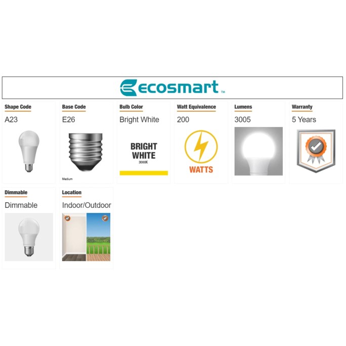 EcoSmart 200-Watt Equivalent A23 Dimmable LED Light Bulb Bright White