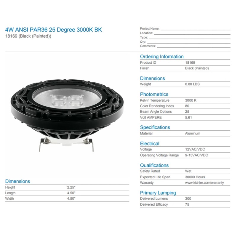 Kichler 18169 LED PAR36 Bulb 4W 3000K 25° Beam 12V Landscape Light – Aluminum