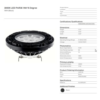 Kichler 18191 LED PAR36 Bulb 14W 3000K 15° Narrow Flood 12V Black Landscape