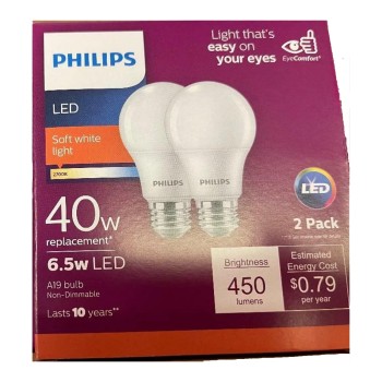 Philips Lighting Bulb LED 6.5W A19 40W Soft White 2PK - 080550