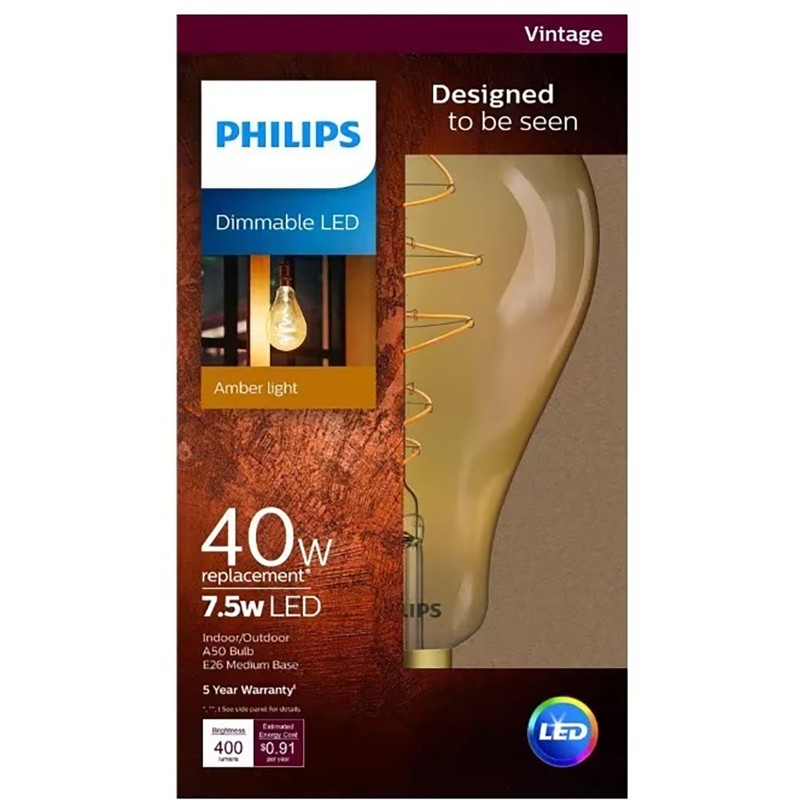 Philips 40Watt Equivalent A50 Dimmable Vintage Glass Edison 2000K LED Large Bulb