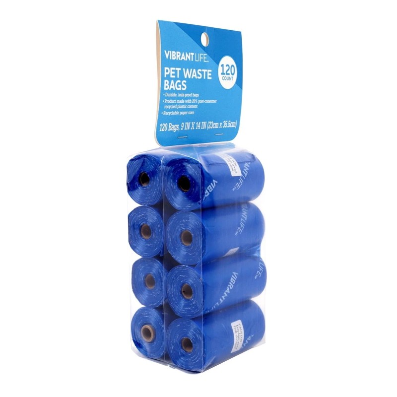 Vibrant Life Dog Waste Bags Refills 9" x 14", Total 120 Count on 8 Rolls - Blue