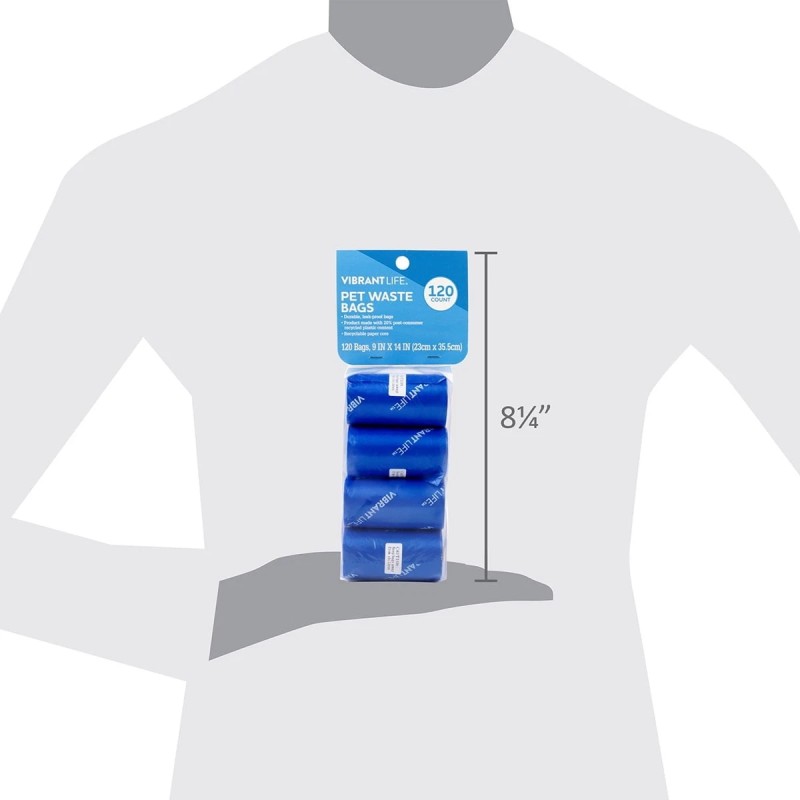 Vibrant Life Dog Waste Bags Refills 9" x 14", Total 120 Count on 8 Rolls - Blue