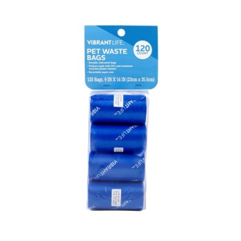 Vibrant Life Dog Waste Bags Refills 9" x 14", Total 120 Count on 8 Rolls - Blue