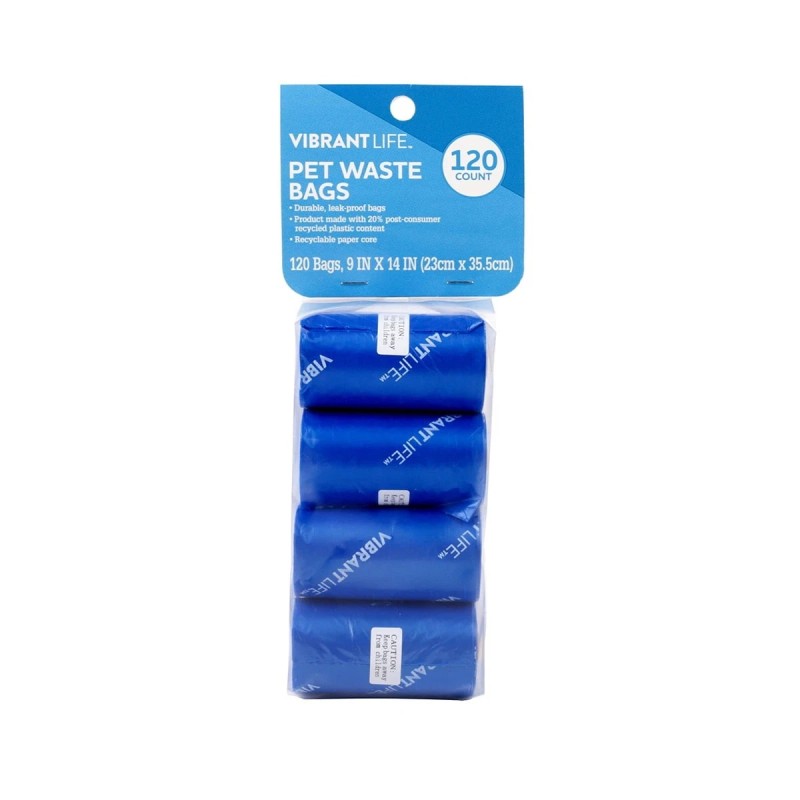 Vibrant Life Dog Waste Bags Refills 9" x 14", Total 120 Count on 8 Rolls - Blue