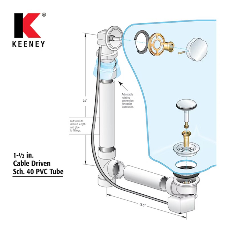 Keeney 1-1/2-in Brushed nickel White/Brushed nickel Cable drive Drain with PVC Pipe Included
