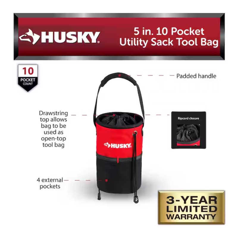 Husky 5 in. 10 Pocket Utility Sack Tool Bag