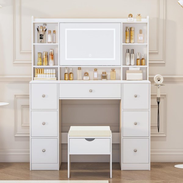 41.3" Large Vanity Table with Mirror & Lights - Built-in Power Outlet - White - Mat-VT05-1