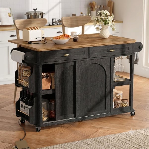 Roma Rolling Kitchen Island Cart with Storage and Power Outlets (Black+Natural Oak)