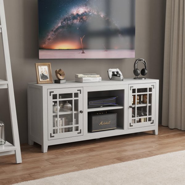 58'' TV Stand, Entertainment Center for Living Room, Media Console Table with Open Shelf Cabinet, for TVs up to 60 Inches, White Oak