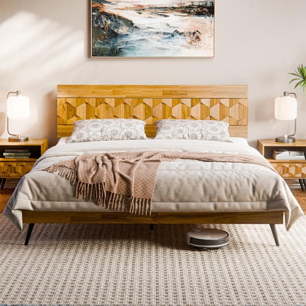 Bme Georgina Signature Bed Framewith Handcrafted Geometric Headboard & Solid Acacia Wood- King size
