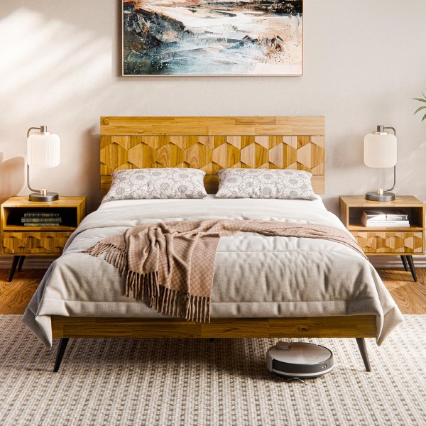Bme Georgina Signature Bed Frame with Handcrafted Geometric Headboard with Solid Acacia Wood- Queen size