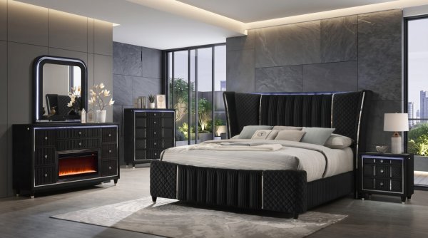 Cleopatra Black 4PC: BED, DRESSER, MIRROR, NIGHTSTAND